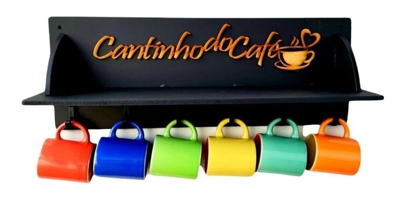 Imagem de Suporte Pendurar Com Porta Canecas Prateleira Madeira Café Cor Preta