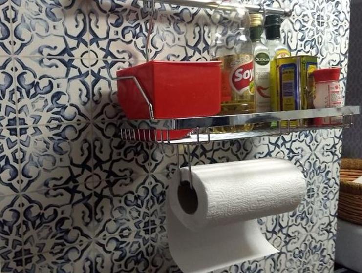 Imagem de Suporte Porta Condimento E Papel Toalha + Barra De Metal + 3 Ganchos 