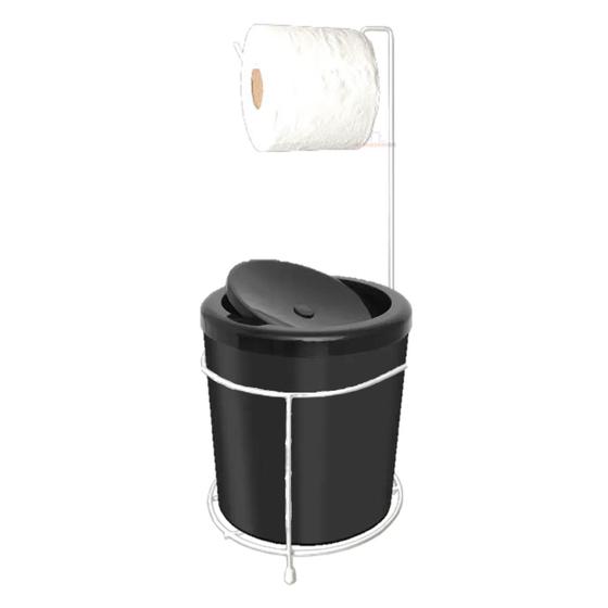 Imagem de Suporte Porta Papel Higiênico Branco Com Lixeira 5L Cesto Lixo Preto Tampa Basculante Redondo Banheiro - 493 AMZ