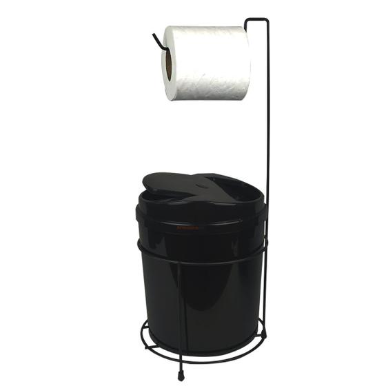 Imagem de Suporte Porta Papel Higiênico Com Lixeira 5 Litros Basculante Retangular Cesto Lixo Chão Banheiro Preto - 458 AMZ