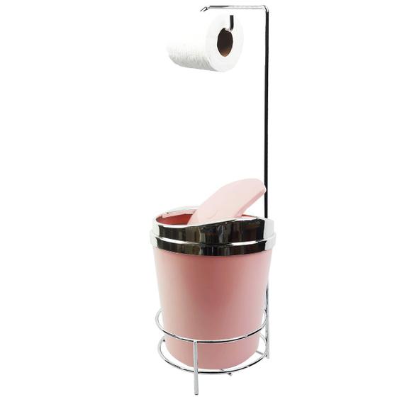 Imagem de Suporte Porta Papel Higiênico lixeira Rosa 5 Litros Com Tampa Basculante Dourado Banheiro - AMZ