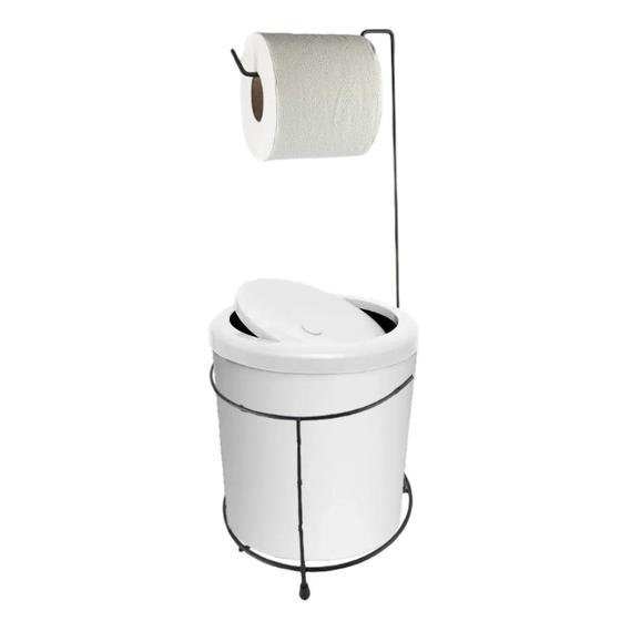 Imagem de Suporte Porta Papel Higiênico Preto Com Lixeira 5L Cesto Lixo Branco Tampa Basculante Redondo Banheiro - 449 AMZ