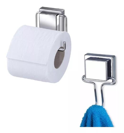 Imagem de suporte porta toalha de banho toalheiro e porta papel higienico fixação com ventosa