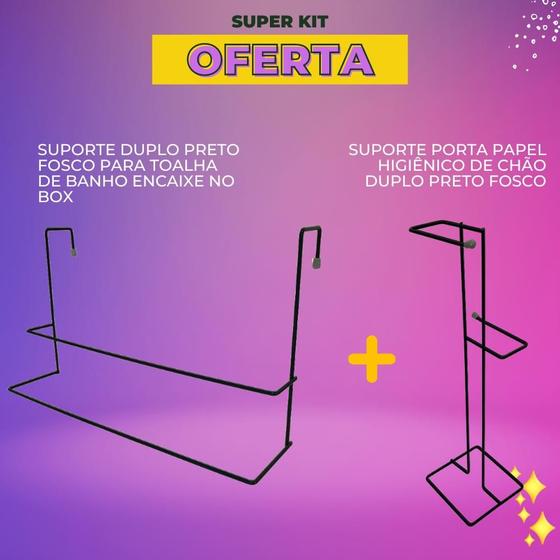 Imagem de Suporte Porta Toalha Duplo Box + Porta Papel Higiênico Duplo de Chão Preto Fosco