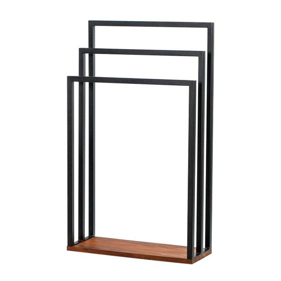 Imagem de Suporte Porta Toalha Triplo de Chão para Banheiro Lavabo com Base em Madeira - ÉdeCasaMóveis