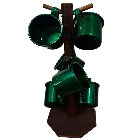 Imagem de Suporte Rústico com 6 Canecas de Café - Chá Esmaltadas - Verde Brilhante