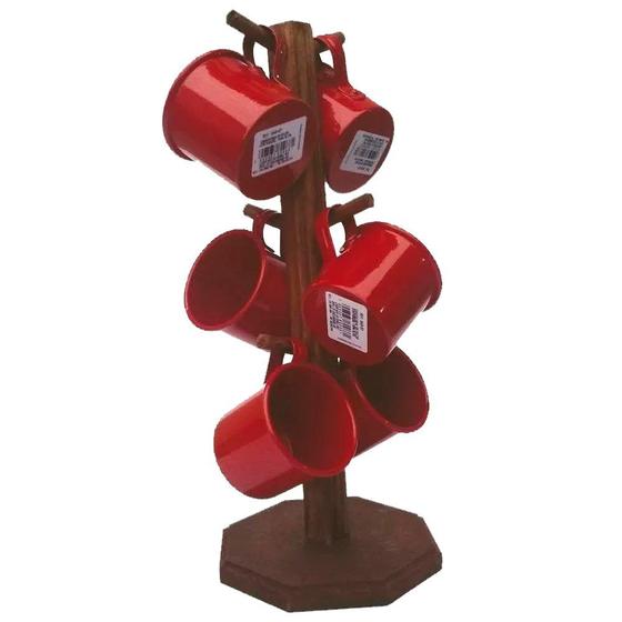 Imagem de Suporte Rústico com 6 Canecas de Café - Chá Esmaltadas - Vermelha