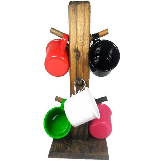 Imagem de Suporte Rústico Com 6 Canecas De Café Em Alumínio Coloridas