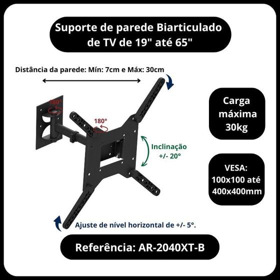 Suporte TV Articulado com inclinação de 19" a 65" de aço carbono - AVATRON Imagem de Suporte TV Articulado com inclinação de 19" a 65" de aço carbono