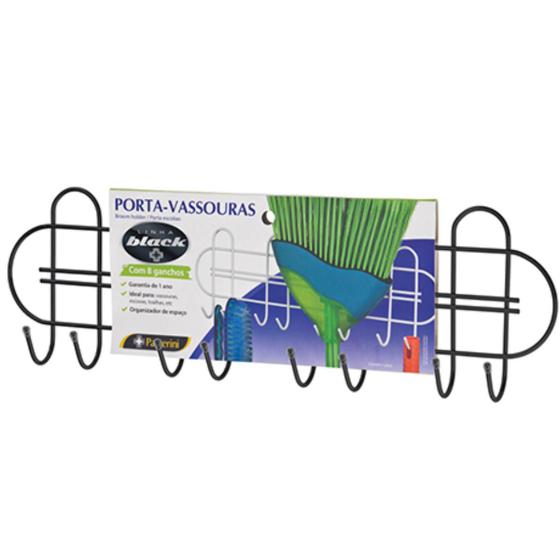 Imagem de Suporte Vassoura Aço 8 Ganchos Preto Ponta de Plástico 43Cm