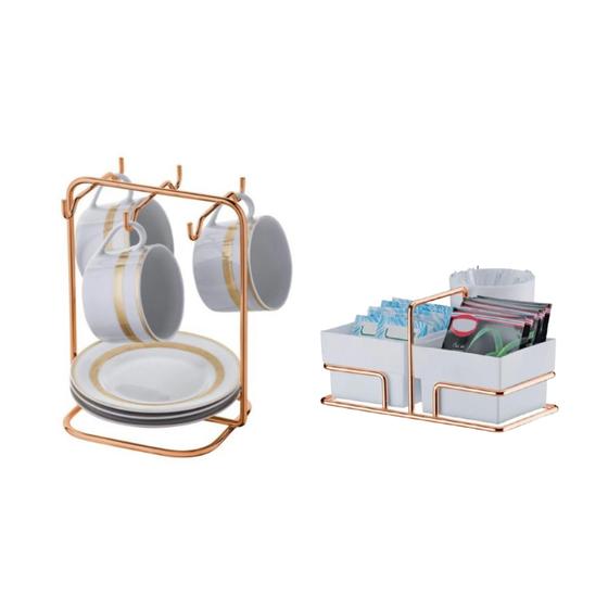 Suporte xicaras e porta cha sache mexedor com 3 divisorias rose gold future Menor preço em Suporte xicaras e porta cha sache mexedor com 3 divisorias rose gold future