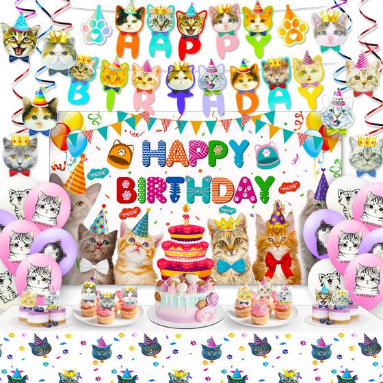 Imagem de Suprimentos de festa, decorações de aniversário para gatos, Miucat com pano de fundo