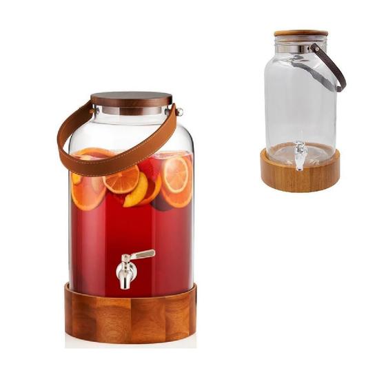 Suqueira de vidro com suporte de madeira alça sintetica dispenser cachaca 5,6 litros torneira vinho Menor preço em Suqueira de vidro com suporte de madeira alça sintetica dispenser cachaca 5,6 litros torneira vinho