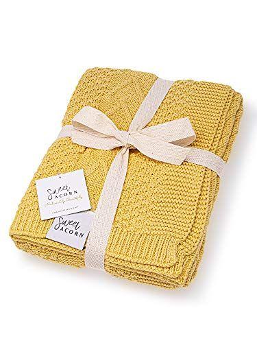 Imagem de Sweet Acorn Knit Baby Blanket - Algodão orgânico Baby & Toddler Recebendo cobertores para meninas e meninos - Carrinho de malha macia / Jogar cobertores - Padrão de cabo - Manteiga amarela