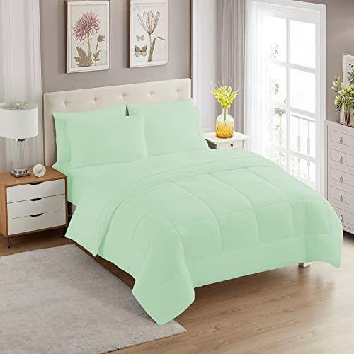 Imagem de Sweet Home Collection 7 Peças Comforter Set Saco De Cor Sólida Toda Temporada Macia Abaixo Cobertor Alternativo & Luxuosas Folhas de Cama de Microfibra, Hortelã, Rainha