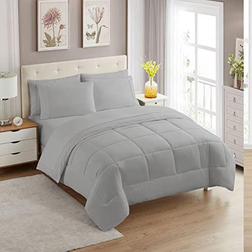 Imagem de Sweet Home Collection 7 Peças Edredom Set Bag Solid Color All Season Soft Down Alternative Blanket & Luxurious Microfiber Bed Sheets, Prata, Completo