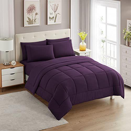 Imagem de Sweet Home Collection 7 Peças Edredom Set Bag Solid Color All Season Soft Down Alternative Blanket & Luxurious Microfiber Bed Sheets, Roxo, Twin