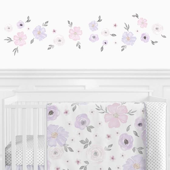 Imagem de Sweet Jojo Designs Roxo e Cinza Aquarela Floral Peel e Stick Wall Decal Stickers Art Nursery Decor - Conjunto de 4 Folhas - Lavanda, Rosa, Cinza e Branco Flor de Rosa