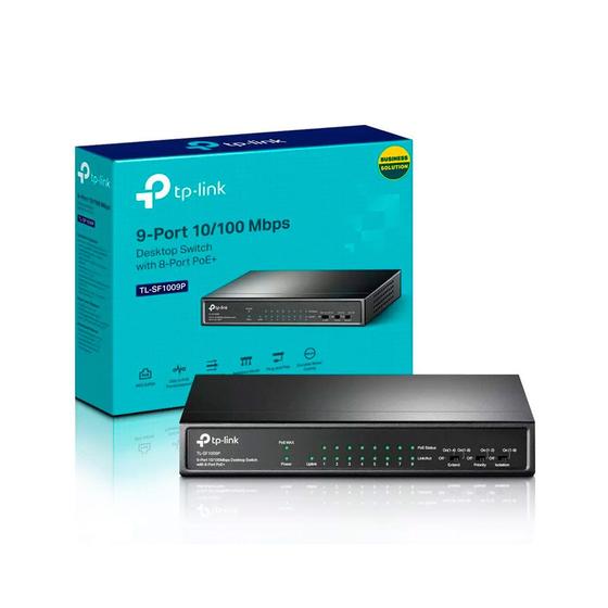 Imagem de Switch 9 portas TPLink, 8 Portas PoE, Fast Ethernet, 10/100mbps, TLSF1009P