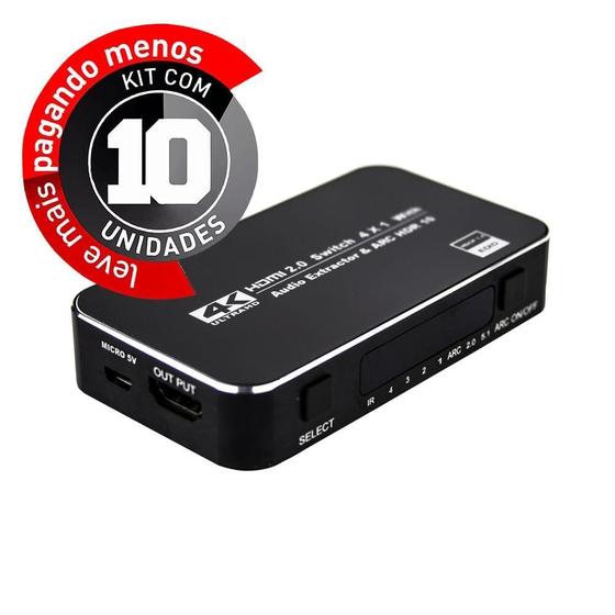 Imagem de Switch Hdmi 2.0, 4K, 4 Portas Com Controle - Kit Com 10