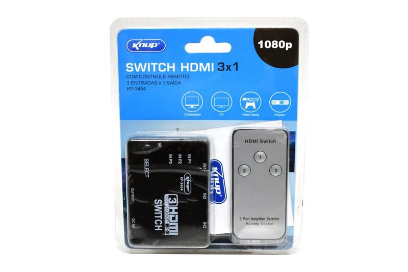 Switch HDMI 3 Portas com Controle Remoto KP-3464 - Knup Menor preço em Switch HDMI 3 Portas com Controle Remoto KP-3464 - Knup