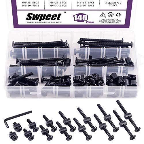 Imagem de Swpeet 141Pcs Preto M6  15/20/25/30/35/40/45/50/55/60/65/75/80mm Kit de Parafusos de Hardware de Berço, Berço Hex Socket Head Cap Baby Bed Bolt e Porcas de Barril com 1 x Chave Allen Perfeita para Móveis