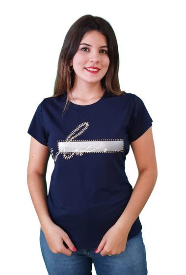 Imagem de T-Shirt Feminina Azul Love com Pedras de Brilho Douradas