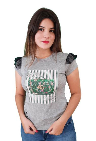 Imagem de T-Shirt Feminina Bolsa Flores Cinza Manga com Babado de Tule com Poá