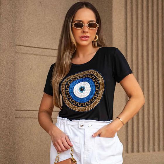 Imagem de T Shirt Olho Grego Mandala Com Pedrarias Bordada À Mão