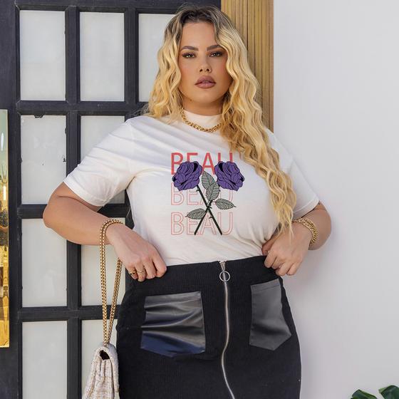 Imagem de T-Shirt Plus Size Feminina De Algodão Fresquinha Camiseta Gola Alta Com Estampa De Rosa Moda Jovial