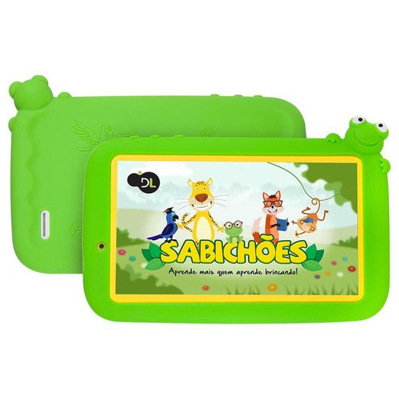 Imagem de Tablet Infantil Sabichões conteúdo pedagogo, capa de sapo verde e suporte de mãozinha