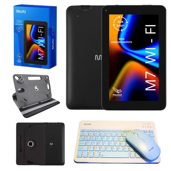 Imagem de Tablet M7 64Gb 4Gb Wi-Fi Com Kit Teclado Sem Fio e Mouse Azul + Capa Giratória