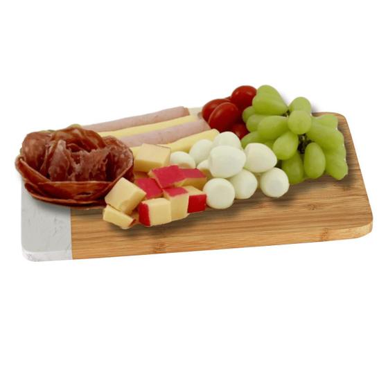 Imagem de Tábua Bambu e Mármore Bandeja Servir Queijo Frios Petiscos Retangular 35x19cm Mesa Posta