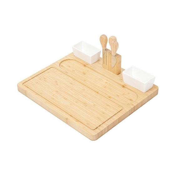 Imagem de Tábua de Bambu para Frios com 3 Talheres Aço e 2 Tigelas Cerâmicas - FlexInter NZ156