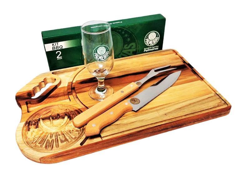 Tábua de Churrasco Palmeiras + kit BBQ Faca e Garfo + Taça de Cerveja Presente Dia dos Pais Menor preço em Tábua de Churrasco Palmeiras + kit BBQ Faca e Garfo + Taça de Cerveja Presente Dia dos Pais
