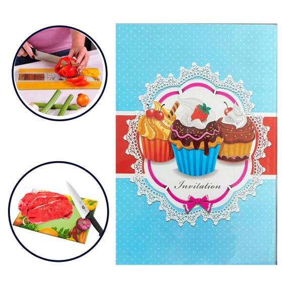 Imagem de Tábua De Corte De Alimentos Decorada Em Vidro Temperado Resistente Com Estampa Cupcake Kit Premium