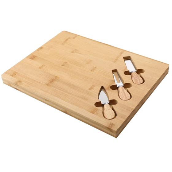 Imagem de Tabua De Frios Carnes Bambu Resistente Kit Facas e Garfos 1 UN