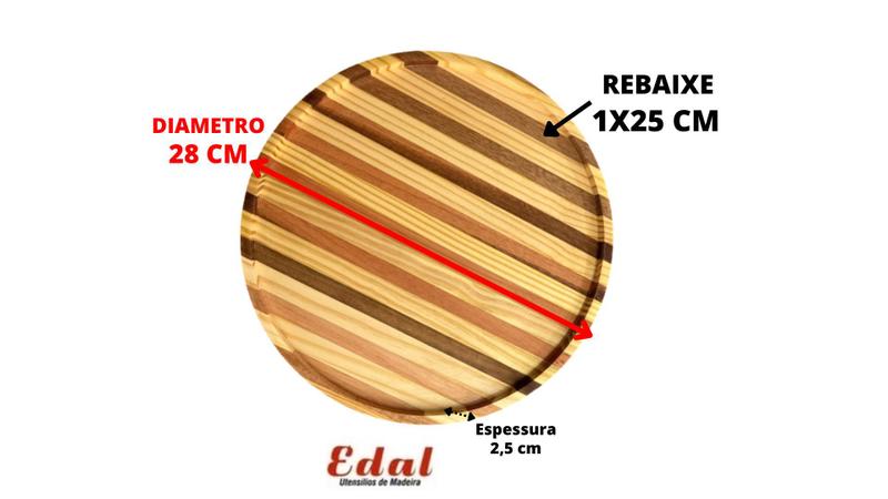 Imagem de Tábua de Pizza Redonda Elegante com Rebaixe Forma 28cm x 2,5cm em Madeira de Eucalipto e Pinus Use para Servir Porções Petiscos
