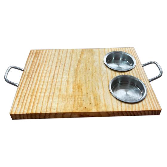 Imagem de Tábua Rustica Para hambúrguer retangular Com Potes Para Molho e Alça Madeira