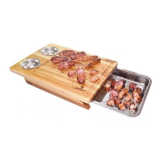 Imagem de Tabua Teca Multiuso Com Bandeja Inox Stolf 44x30x6,5 cm