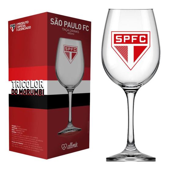 Imagem de Taça de Vinho Grande Drinks 490ml em Vidro Cristal São Paulo FC na Caixa