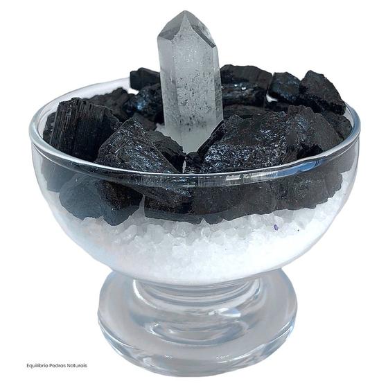 Imagem de Taça Proteção Pedra Turmalina Negra Ponta De Cristal E Sal Grosso 7cm