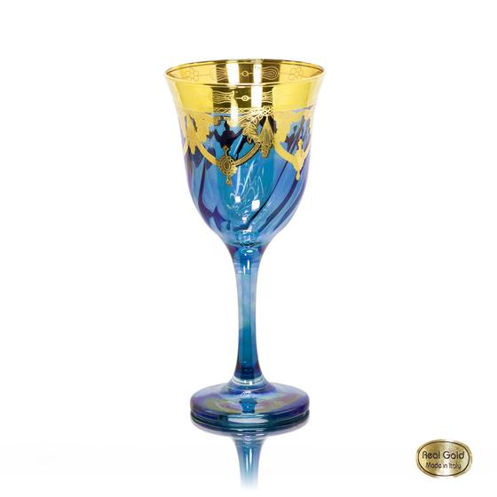 Imagem de Taça Vinho Cristal Italiano Azul Guirlandas em Ouro Prensado