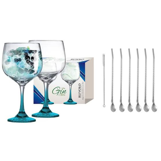 Imagem de Taças Gin Kit com 2 Peças + Kit Colher Canudo 6 +1 Escova