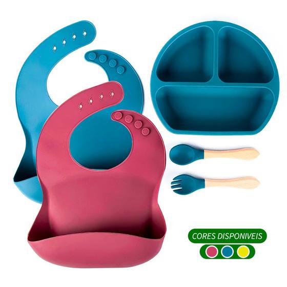 Imagem de Talheres bebê silicone 4 Peças Kit Talheres Infantil Com Ventosa Colher Babador Garfo