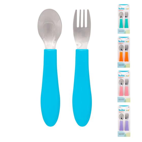 Imagem de Talheres Infantil Bubazoo Colher e Garfo Aço Inox Cabo com Design Anatômico Descanso Higiênico Colorido Buba