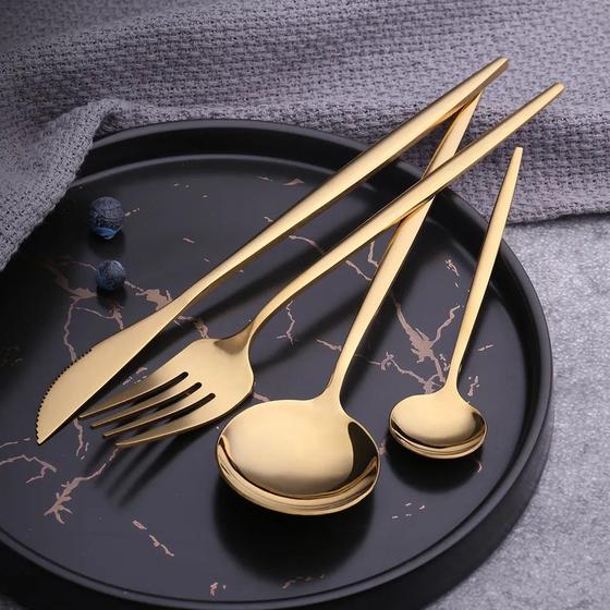 Imagem de Talheres Salada Jantar Cozinha Bar Buffet Jogo Faqueiro Kit 24 Peças Talher Dourado Rose Preto/Dourado Aço Inoxidável