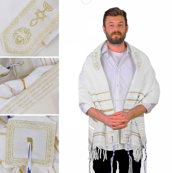 Imagem de Talit Messiânico branco Leão de Judá - 55 X 180 Cm - De Israel