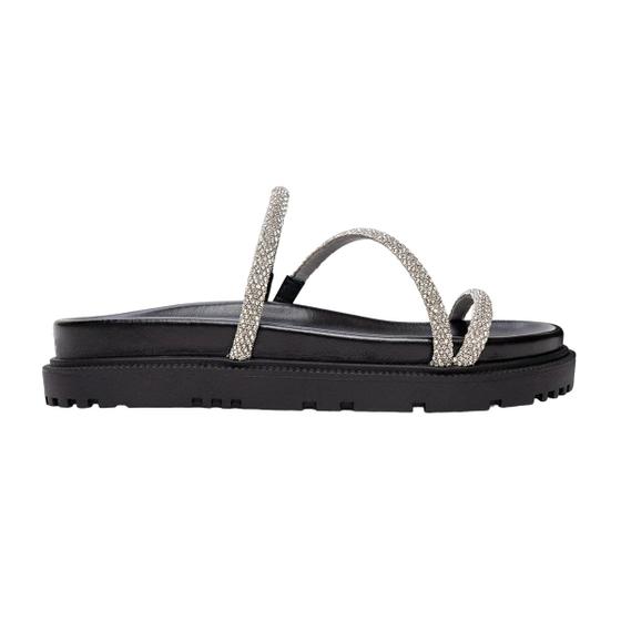 Imagem de Tamanco Feminino Carrano Flat Crystal Couro Preto - 6800