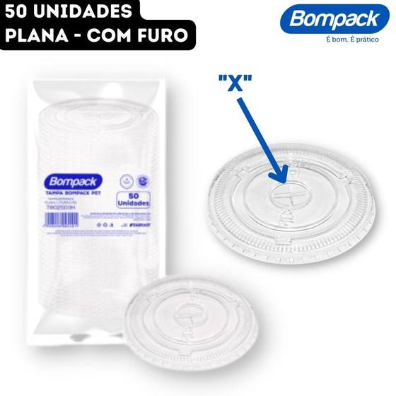 Imagem de Tampa Pet Plana Reta Flat COM Furo "X" para Copo Bolha Felicidade Bompack  - 50 Unidades